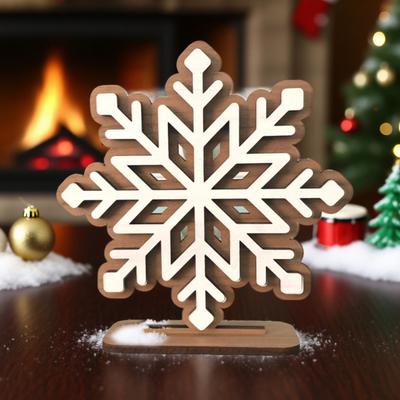 Yousheng Wooden Snowflake Christmas Ornament Double-Layer 3D Design Hexagonal Shape Statue with Stable Base Table Decor