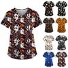 Top da Donna a Maniche Corte con Scollo a V, Stampa di Halloween, Tasca, Carer Top