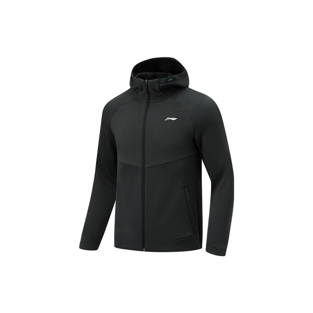 Li Ning Fitness Series Solid Color Outdoor Casual Sports Zipper Hooded Fleece Long Sleeve Jacket Men jackets Black AWDU069-1
