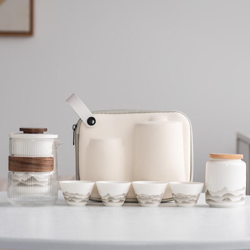 Suet Jade White Porcelain Guochao Ink and Wash Travel Tea Set, a Pot of Four or Six Cups, New Chinese Express Cup Light Luxury Business Gifts