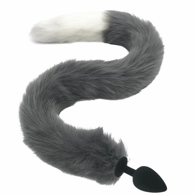 80Cm Long Grey White Fox Tail Cosplay Anal Butt Plug  Pet Play Butt Plug Tails