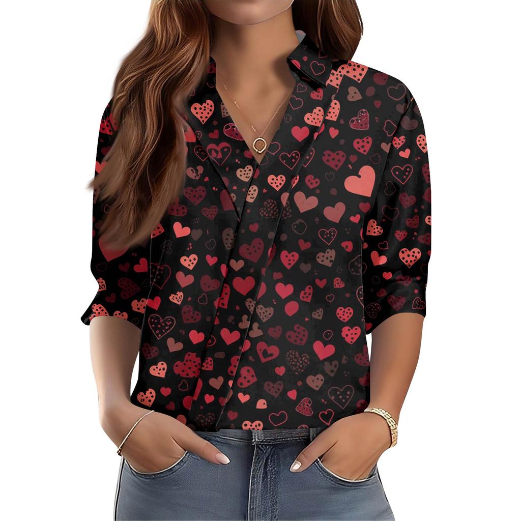 Women's 3/4-Sleeve V-Neck Shirt Printed Workwear Casual Regular Shirt Collar Top