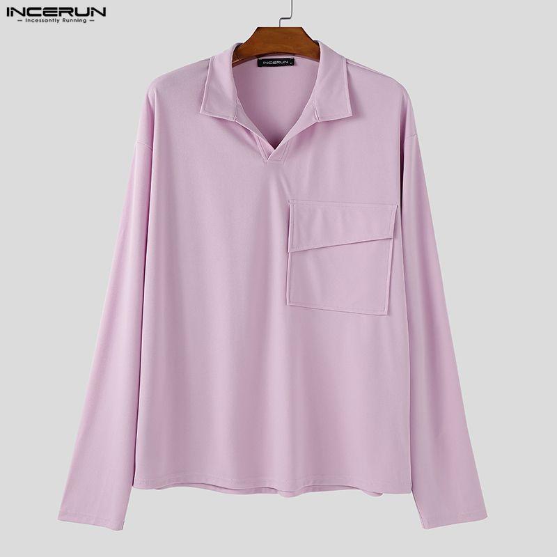 INCERUN Oversized Men Lapel Neck Long Sleeve Solid Loose Casual T-Shirts Tops