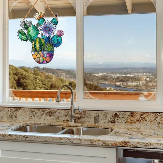 Yousheng Cactus Window Decor, Acrylic with Hemp Rope Lanyard Suncatcher, Lightweight Double Sided Printed Tropical Wall