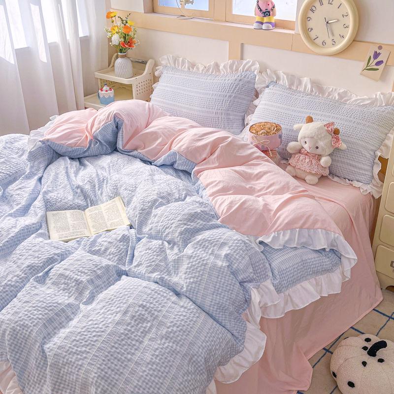 Ins Princess Style Bedding Sets Ruffle Blue Pink Girls Quilt Cover Romantic Bed Sheet Set Duvet Cover With Pillowcases 4pcs