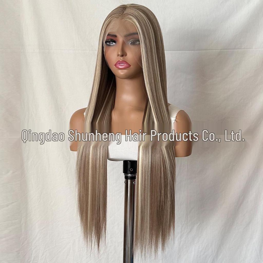 European & American Women's Front Lace Wig, Long Hair, Brown with Golden Highlights, COS, High-Temp Fiber, Matte Finish.