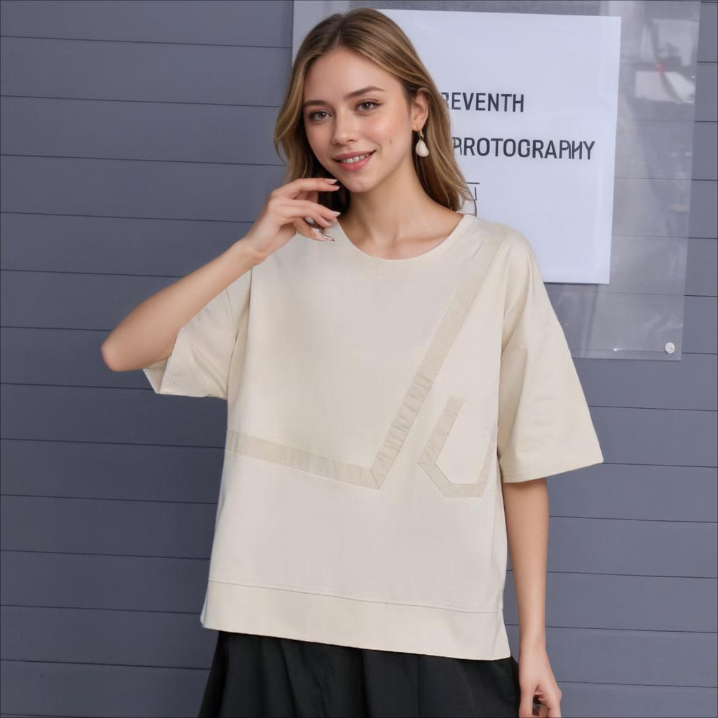 DIMANAF 2025 Summer New T-shirt Women Printing Buttons Asymmetrical Short Sleeve Loose