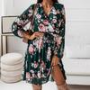 Pleated Flowy Hem Midi Dress Floral Print Sweet Elastic Waist V-Neck Casual