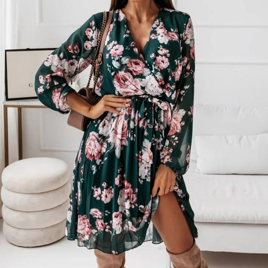 Pleated Flowy Hem Midi Dress Floral Print Sweet Elastic Waist V-Neck Casual