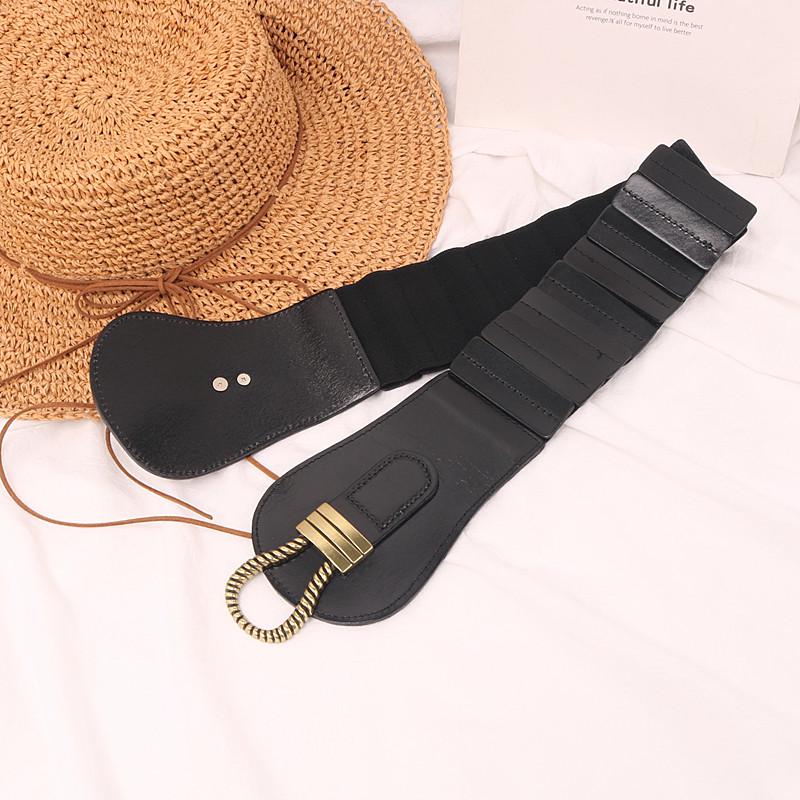 Women's Wide Elastic Leather Waist Belt - Retro Black Cowhide