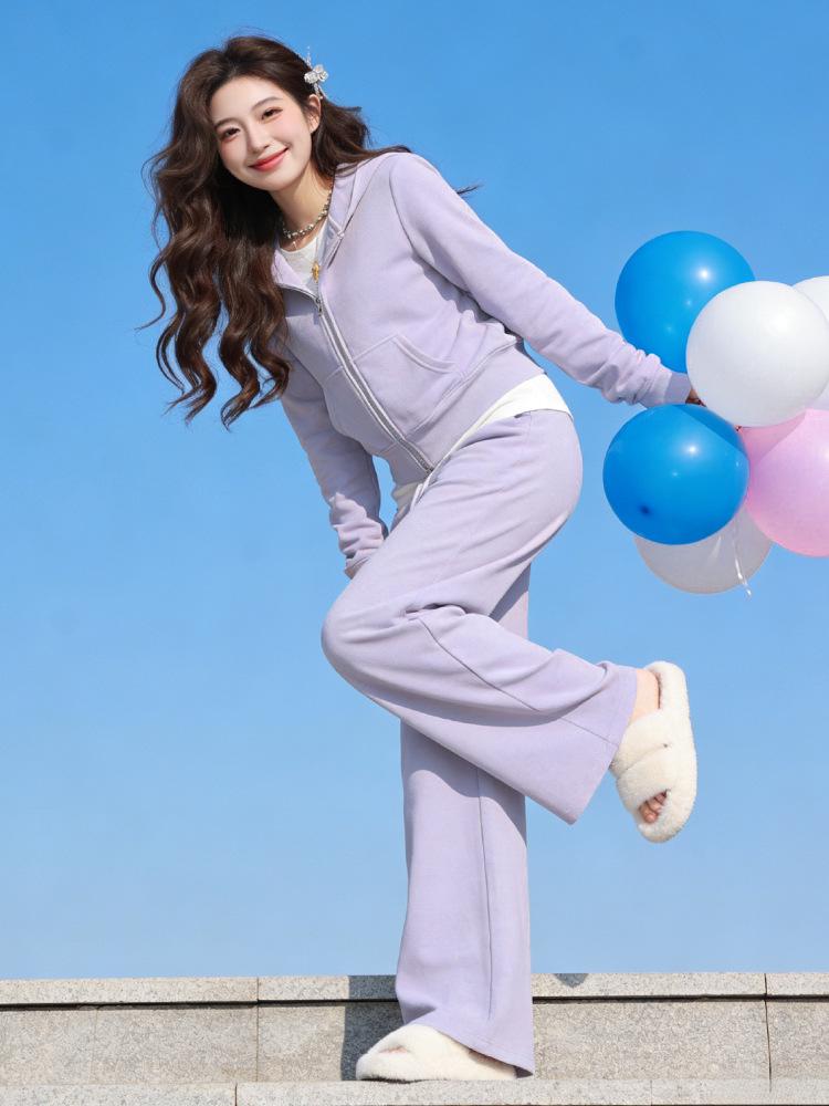 

2026 Women s Petite Height-Enhancing Purple Hoodie & Wide-Leg Pants Two-Piece Set for Autumn/Winter Medium лаванды фиолетового