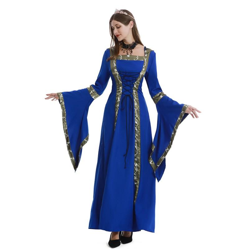 Medieval Gothic Hooded Dress With Square Neck Tie Front Flared Sleeve Full Skirt Costume Halloween Stage Performance