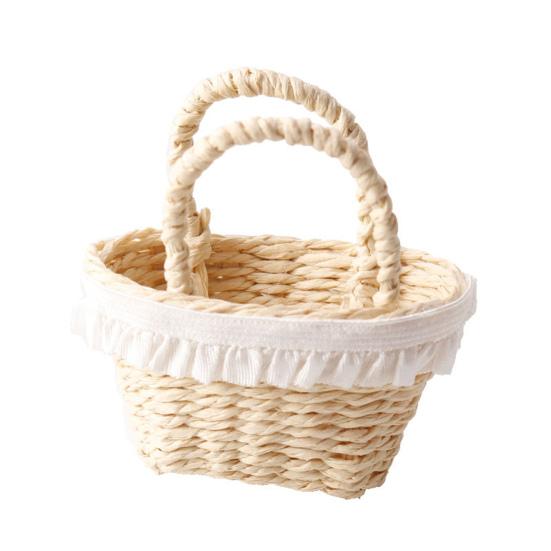 

1:12 Scale Dollhouse Basket Mini Wicker Basket with Handles Micro-Scene Woven Storage Basket with Lace Trim for Doll House Accessories B