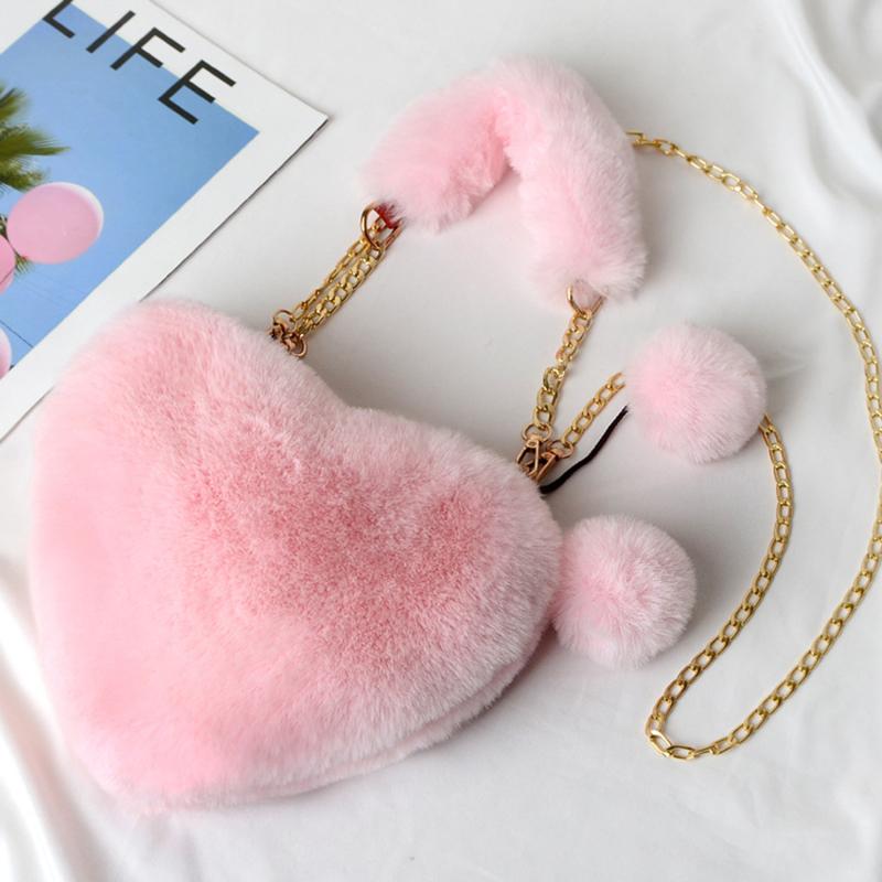 Fashionable Women's Faux Fur Cute Heart-shaped Portable One Shoulder Plush Crossbody Bag Cute Chain Bag Valentine's Day Gift