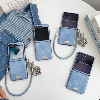 Samsung Z Flip7 Case: Stylish Denim Texture, Drop-Proof, Foldable Screen Protection, Anti-Lost Wrist Strap, Lanyard Included.