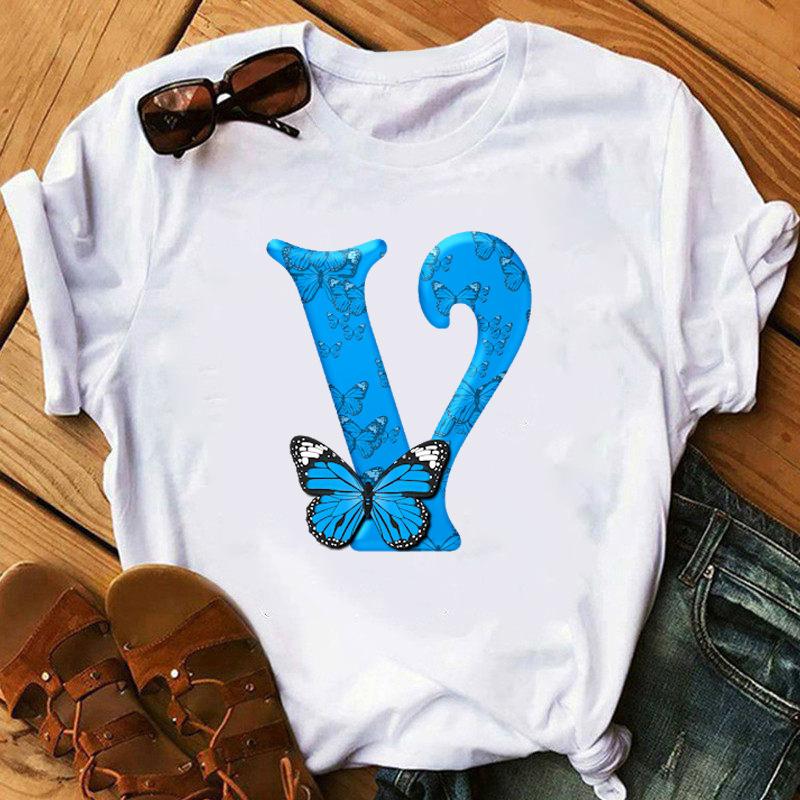 26 English Letters Butterfly Print T-shirts Name Letter Printed Top Fashionable Casual Round Neck Short Sleeved Women's Pure Cotton T-shirts