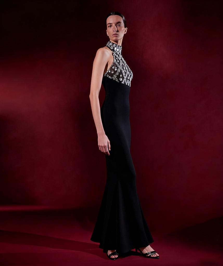 Fashion European and American women's clothing, sexy sleeveless backless neck nails drilled waist long evening dress bandage skirt