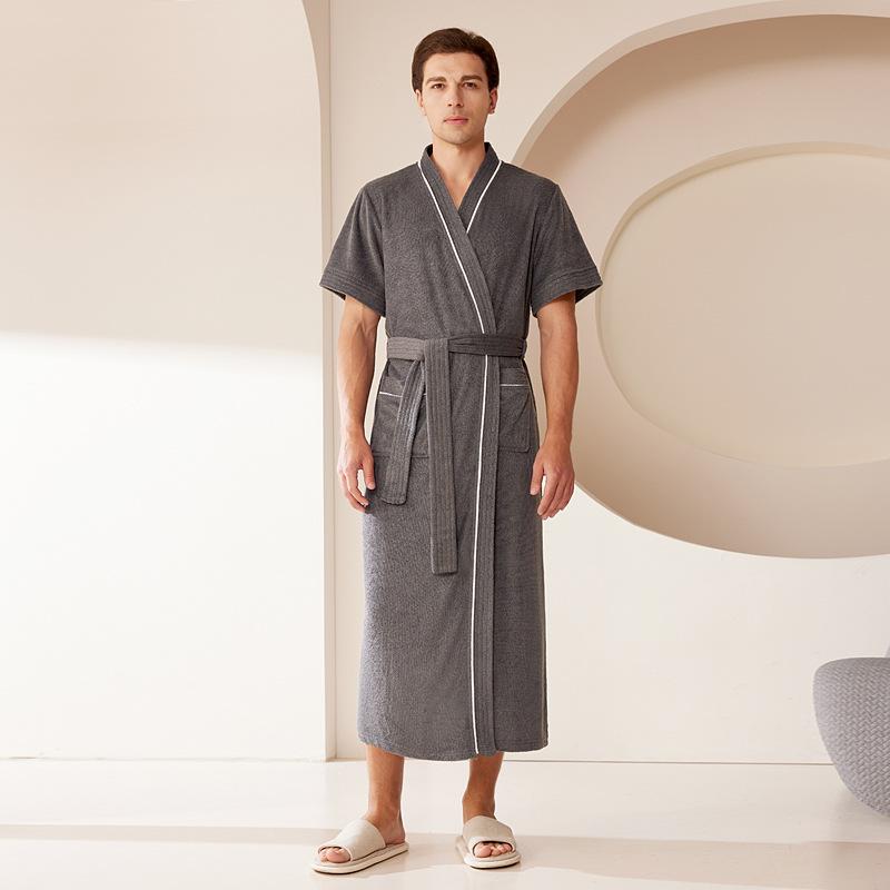 

Мужской весенне-летний длинный мягкий махровый халат для пары с короткими рукавами и карманами, V-образный вырез, на шнуровке, пижамы XXXL серый