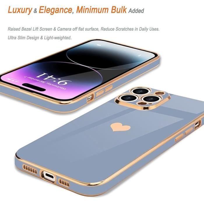 Case + Tempered Glasses - Blue - for iPhone 14 Pro Max - Shockproof - Golden Heart Pattern - Plated