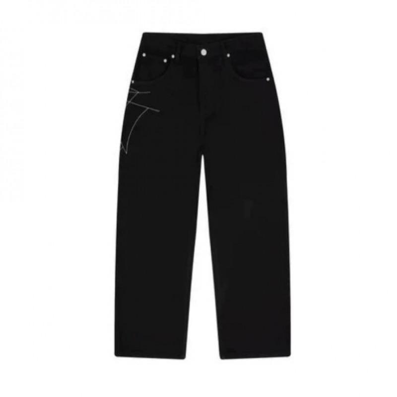 Unisex Streetwear Weite Gerade Geschnittene Jeans mit Spinnennetz-Stickerei Lockerer Sitz Mittlere Leibhöhe Baumwoll-Jeans