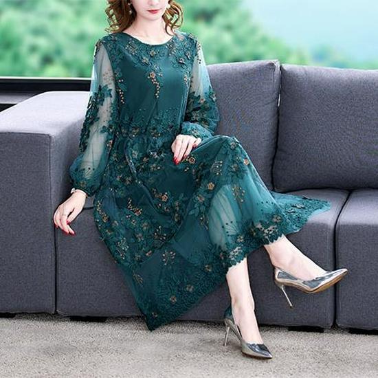 

2022 Autumn Elegant Embroidered Waist-Slimming Plus Size Dress XL темно-зелений колір
