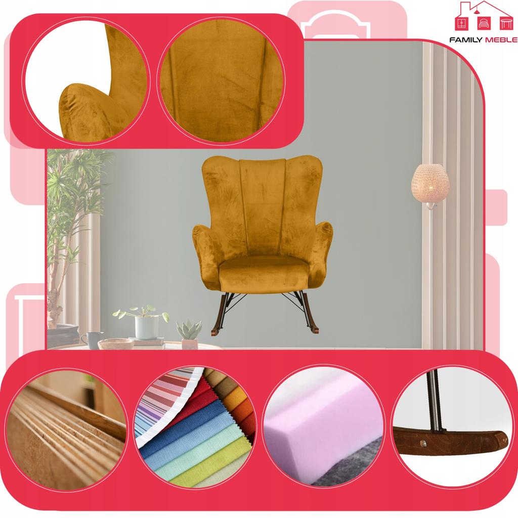 Scandinavian Vika Wing Chair, Rocking, On Runners, Family Meble, Mustard Yellow