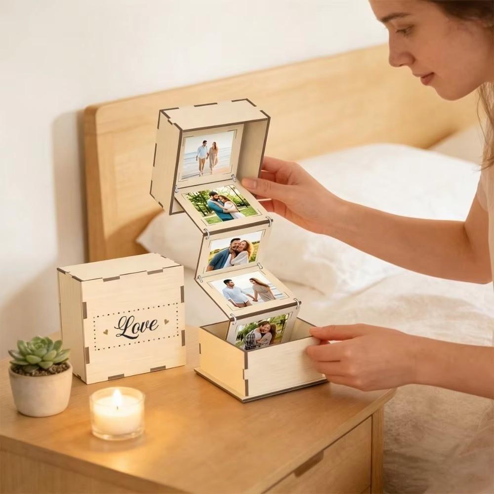 Folding Wooden Photo Storage Box Vintage Flip Cover Memory Box Practical Photo Album Box Couple