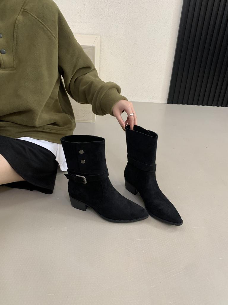 French niche two wear thick heel belt buckle short boots women's autumn and winter new retro classic sleeve suede thin boots