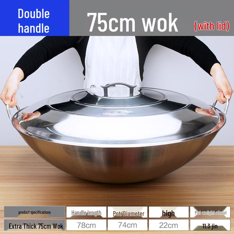 Extra Thick Non-Magnetic Stainless Steel Wok, 34-100cm Round Bottom with Double Ears for Commercial Use