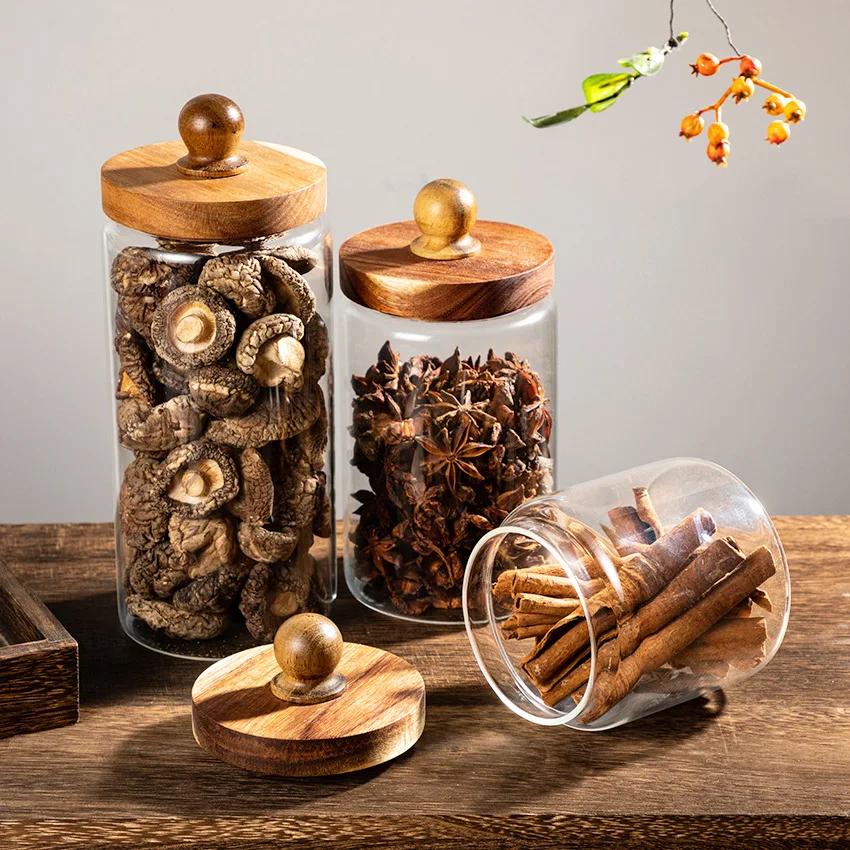 Glass Sealed Jar Spice Grains Large Dust-proof Storage Acacia Wood Cover Food Coffee Moisture-proof Storage