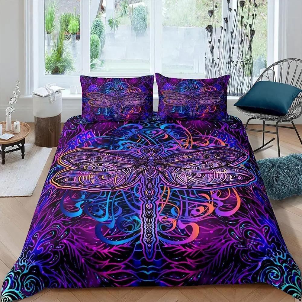 Böhmische Libelle Bettbezug-Set King Size Mandala Paisley Bettwäsche-Set Lila Batik Irisierend Hippie Polyester Steppdeckenbezug