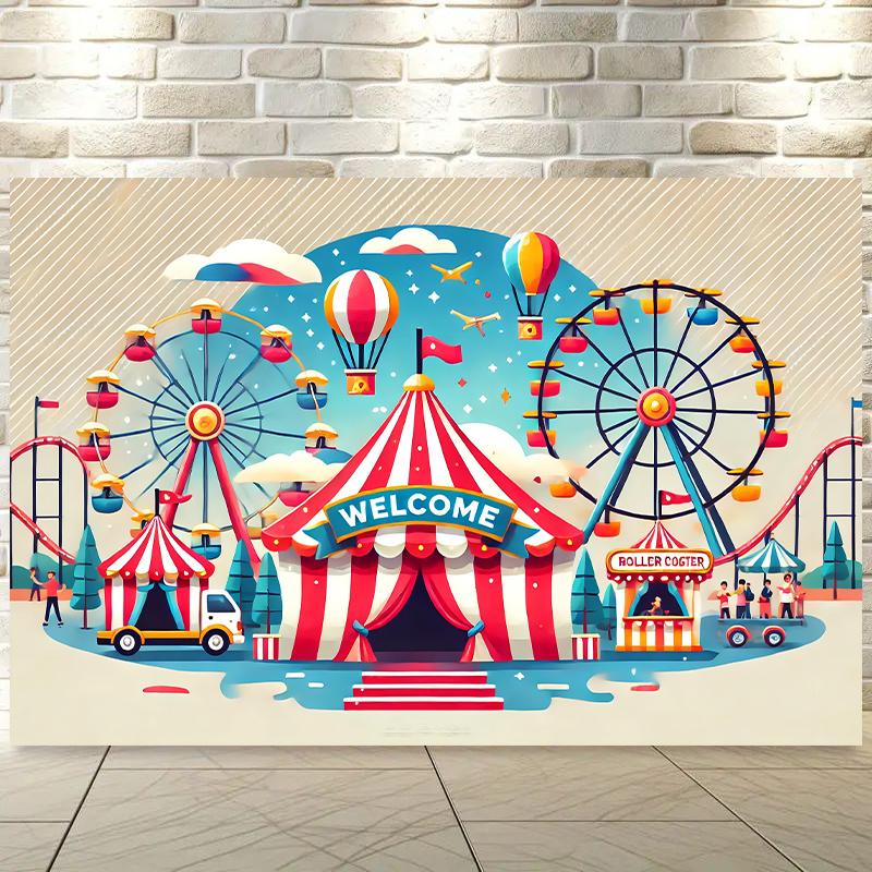 1 vibrant amusement park welcome banner - with Ferris wheel, roller coaster, and carousel, suitable for parties and photographyL 100x150cm