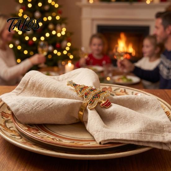 Winter Holiday Tableware Christmas Tree Napkin Ring, Alloy Rhinestone Holder, Home Kitchen Table Accessories Band for Dinner Parties Decoration