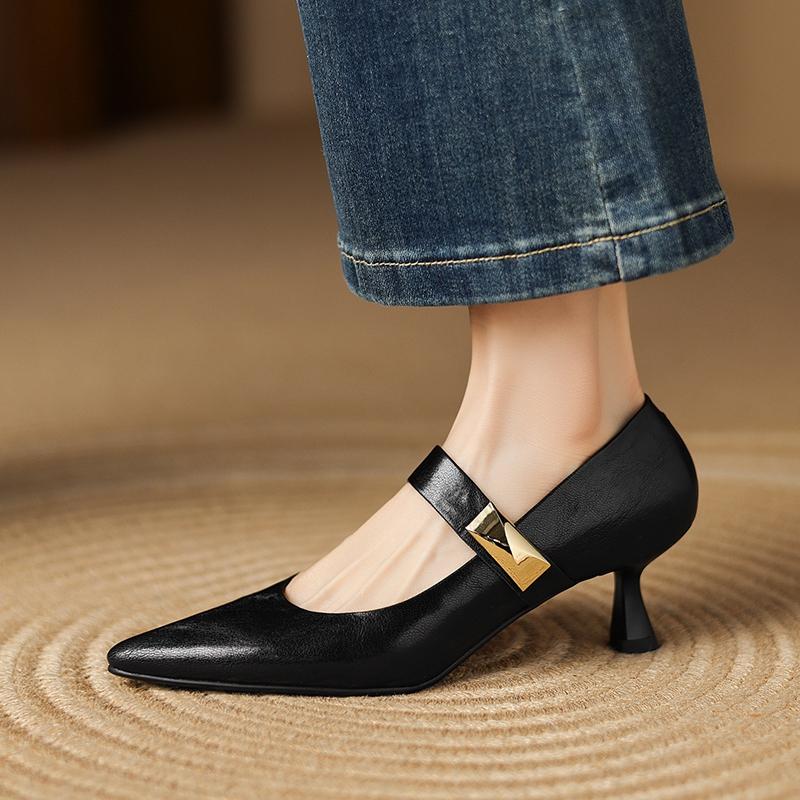 Fashion Women's new leather sheepskin pointed metal accessories belt buckle high heels plus size Mary Jane work shoes single shoes