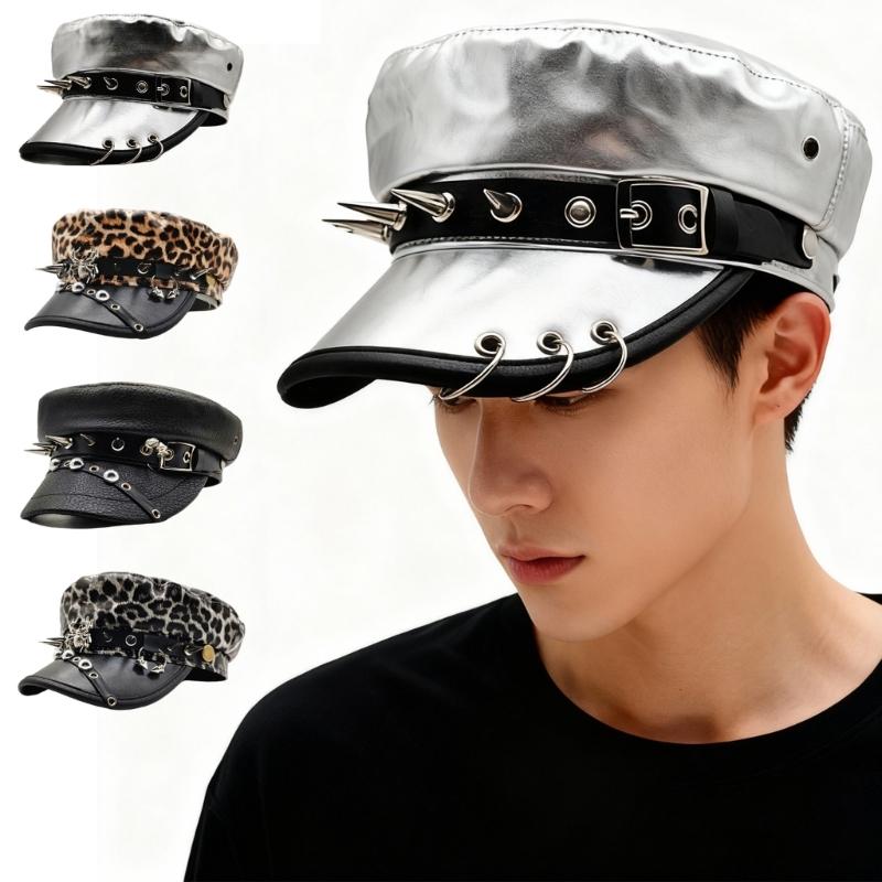 Elegant PU Leather Beret Hat with Rivet Studded Hat Belt for Fashion Comfortable Wear for Autumn Winter Punk Headwear