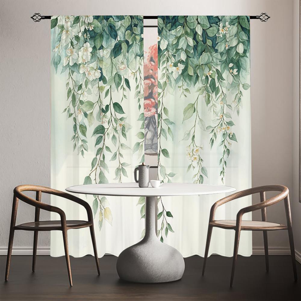 2pcs Botanical Green Leaves Floral Curtains Watercolor Style White Flowers Pattern HD Digital Printed Semi-Sheer Curtains for Li