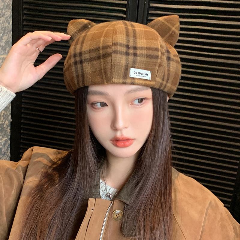 Sweet and Cute Cat Ear Beret Korean Casual and Versatile Windproof Octagonal Hat Autumn and Winter Fashion Warm Hat for Women