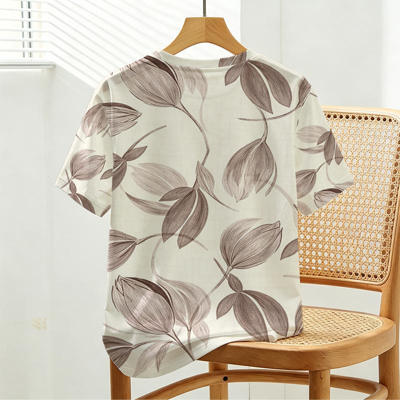 Women's Summer T-Shirt, Minimalist Leaf Print, Soft & Breathable Fabric, Casual Comfort Top for Everyday & Home Wear