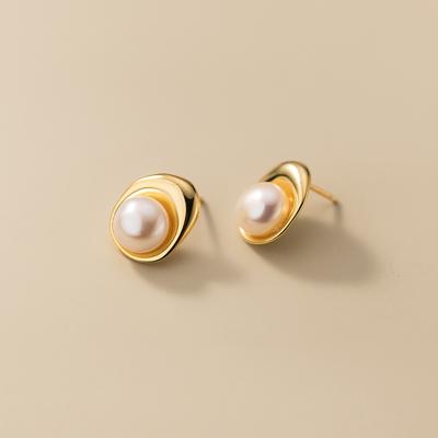 925 Sterling Silver Pearl Geometric Stud Earrings for Women Kids 14K Gold Plate Ear Wedding Party Jewelry Gift Female Pendientes