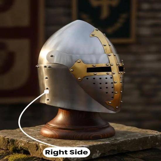 Crusader Knight Great Helmet with Brass Cross, 18 Gauge Steel Medieval Templar Helmet for LARP, SCA, Reenactment Gift