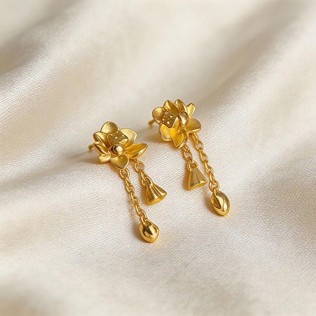 Gold Lotus Two-life Earrings, Lotus Tassel Earrings, Small Niche Design Earrings for Women, Exquisite Female Jewelry