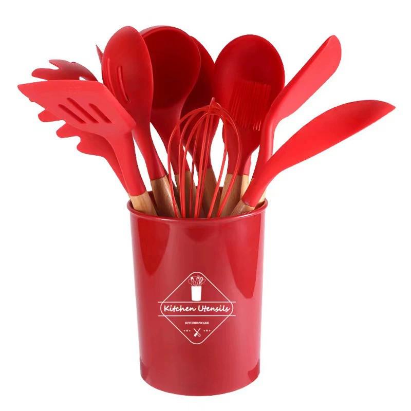 Wooden Handle Silicone Kitchenware Healthy Cookware Spatula Soup Spoon Brush Ladle Pasta Colander Non-stick Cookware Kitchen Tools