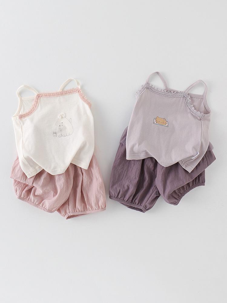 Korean Style Floral Print Camisole & Mesh Pants Set - Summer Outfit for Little Girls
