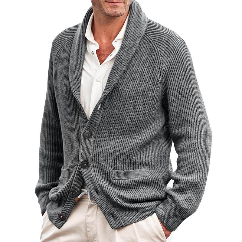 Men's Cardigan Sweater with Turn-down Collar and Long Sleeves