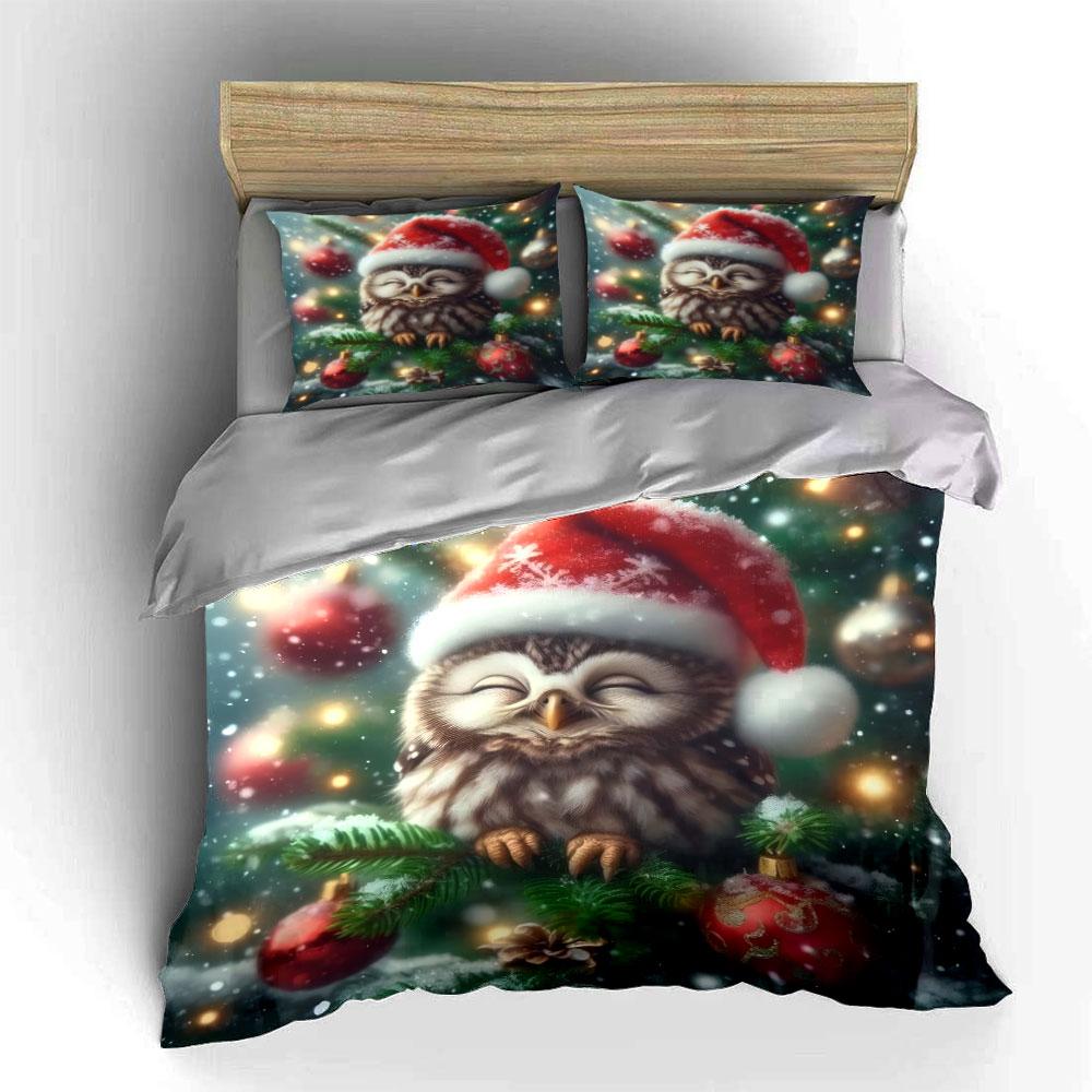 Christmas Owl with Santa Hat Bedding Duvet Cover Set  (1*Duvet Cover 2*Pillowcases, without duvet insert)