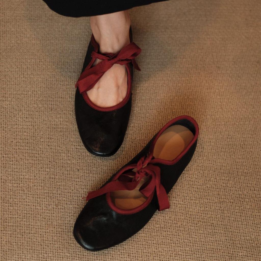 Schafsleder-Version~ Retro runde Spitze kontrastfarbene flache Ballerinas zum Schnüren französische leichte Mund Einzel-Schuhe vielseitige Mary Jane Schuhe