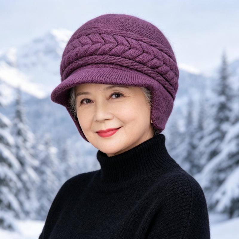 Middle-aged and elderly hats, women's autumn and winter fashion mother hats, fleece thickened ear protectors, cold-proof and warm knitted wool hats