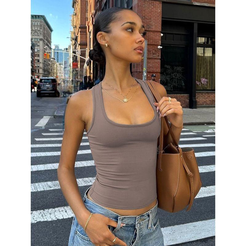European and American Women's Clothing American Style Minimalist Square Collar I-Shaped Sports Vest Female Street Ins Easiest for Match Workout Top