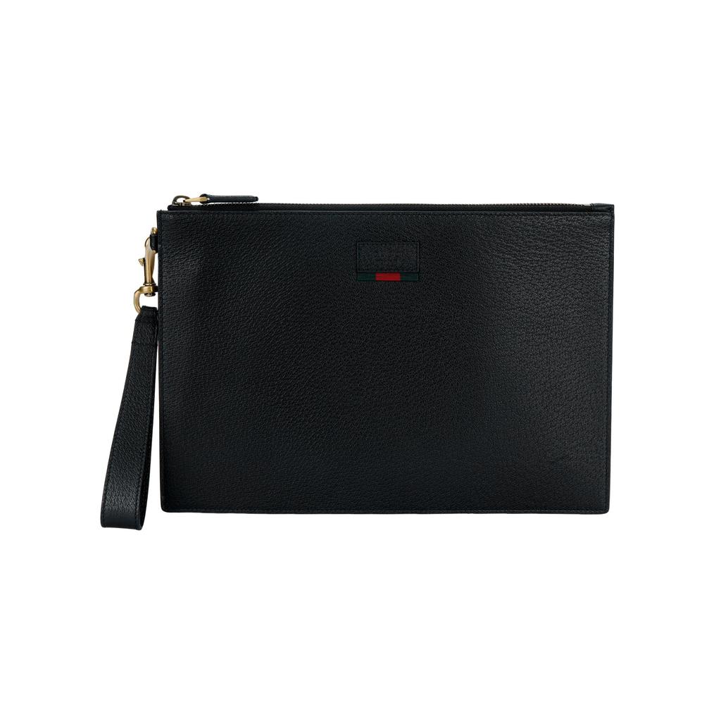 Gucci Pochette da Polso in Pelle Nera con Striscia Web e Dettagli Dorati per Uso Quotidiano di Lusso Unisex
