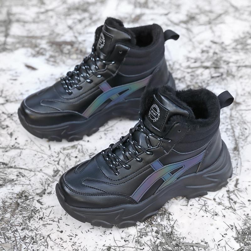 Damskie Buty Zimowe Pluszowe Grube Trampki Sznurowane Codzienne Wysokie Ciepłe Buty Botki Rozmiar 35-42 Damskie Zimowe Skórzane Buty